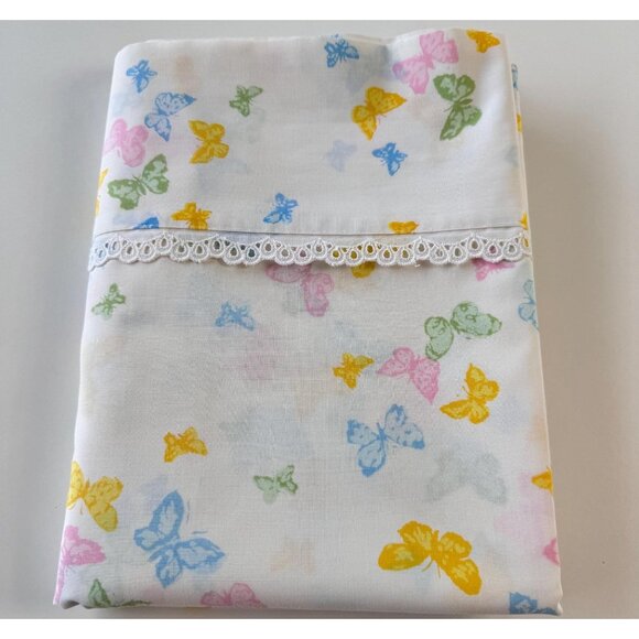 Vintage 70s flat sheet, yellow, pink, blue green butterflies, twin size, Dior - Picture 8 of 8